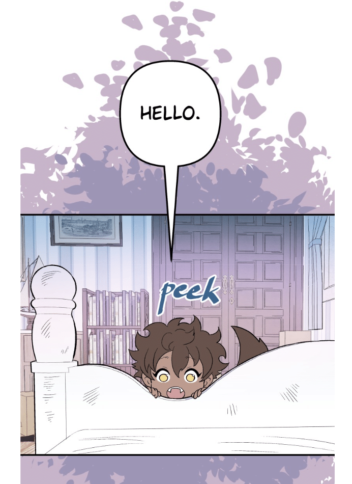 "Hello" - a little boy with a tail behind a bed